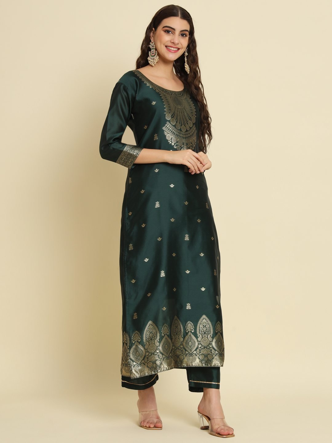 Vp 9476 Green Silk Jacquard Kurti With Bottom Dupatta - Image 3